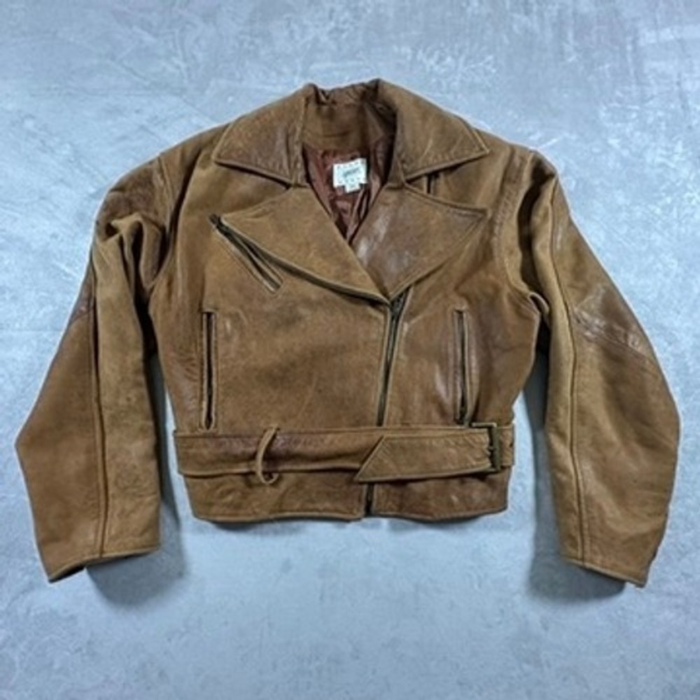 Vakko Sport Moto Jacket Womens Vintage Belted Leather M Brown